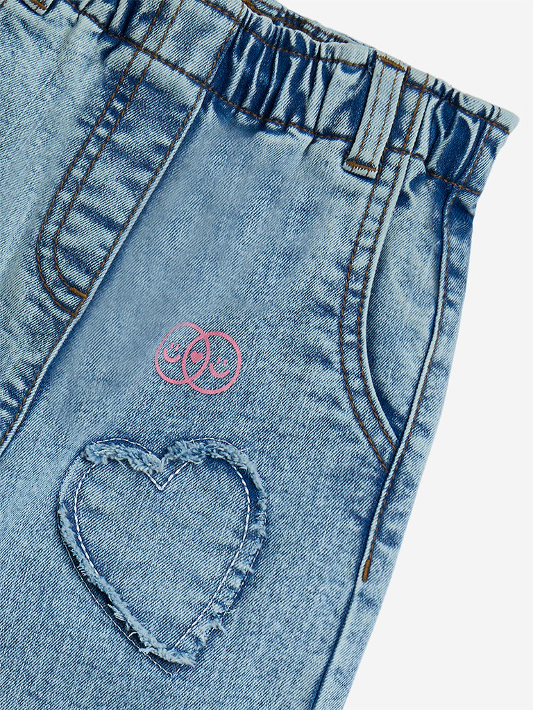 HOP Kids Girls Light Blue Faded Wide-Leg Mid-Rise Jeans