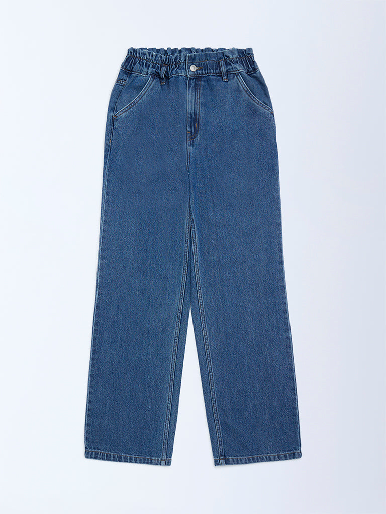 Girls Light Blue Washed Straight-Fit High-Rise Jeans