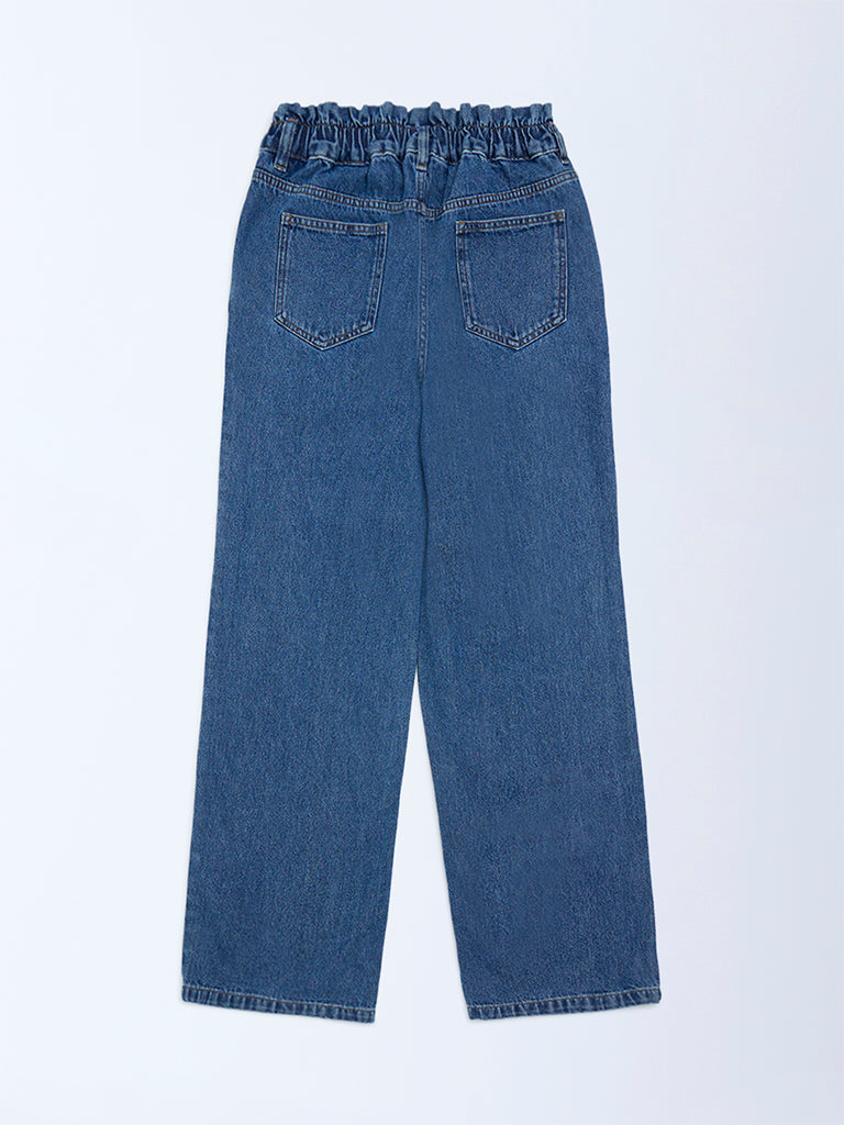 Girls Light Blue Washed Straight-Fit High-Rise Jeans