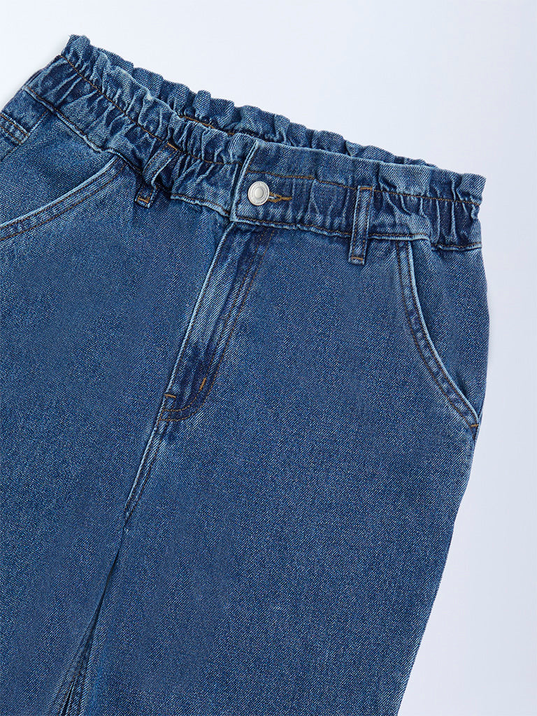 Girls Light Blue Washed Straight-Fit High-Rise Jeans