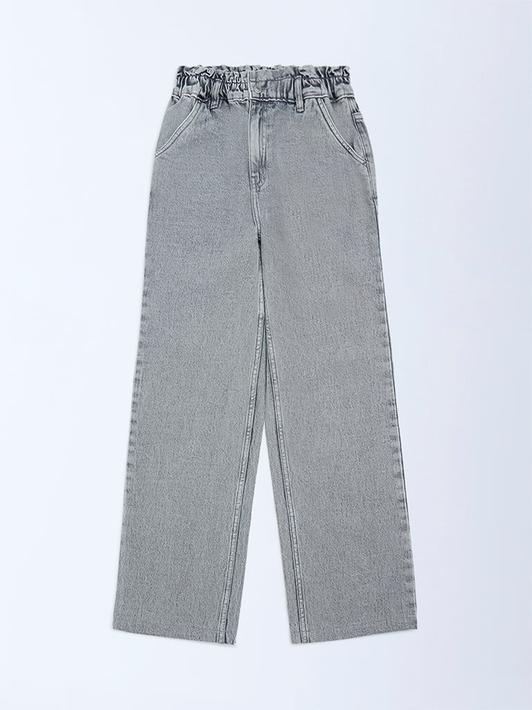 Girls Grey Washed Straight-Fit High-Rise Jeans