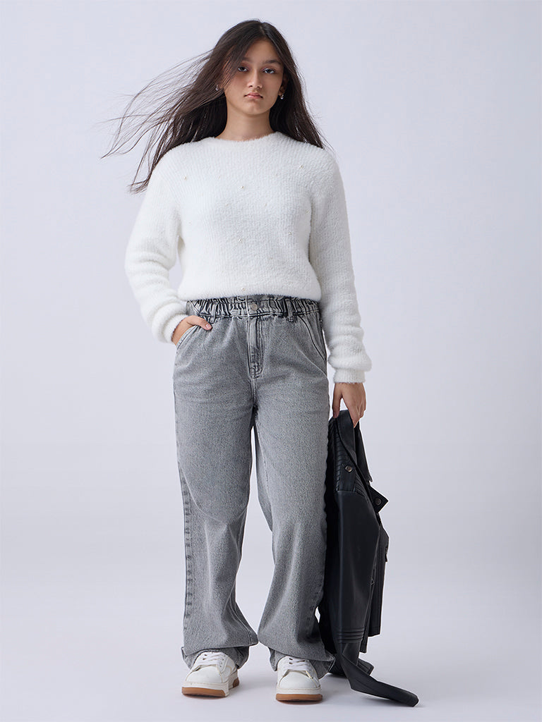Girls Grey Washed Straight-Fit High-Rise Jeans
