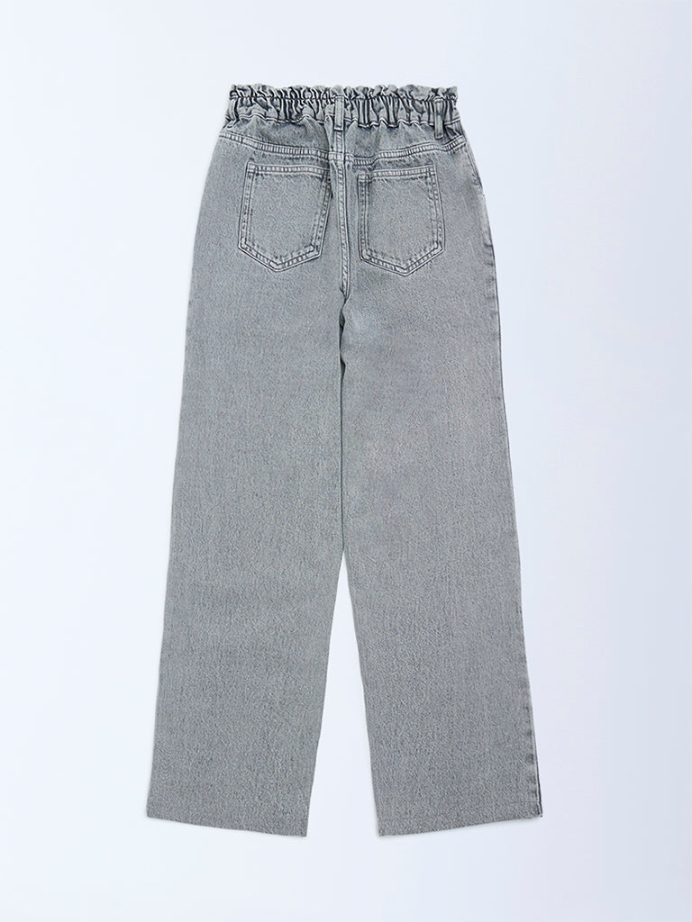 Girls Grey Washed Straight-Fit High-Rise Jeans