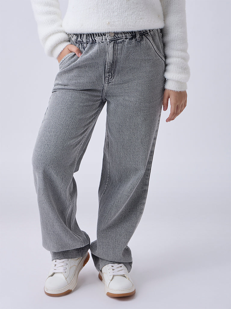 Girls Grey Washed Straight-Fit High-Rise Jeans