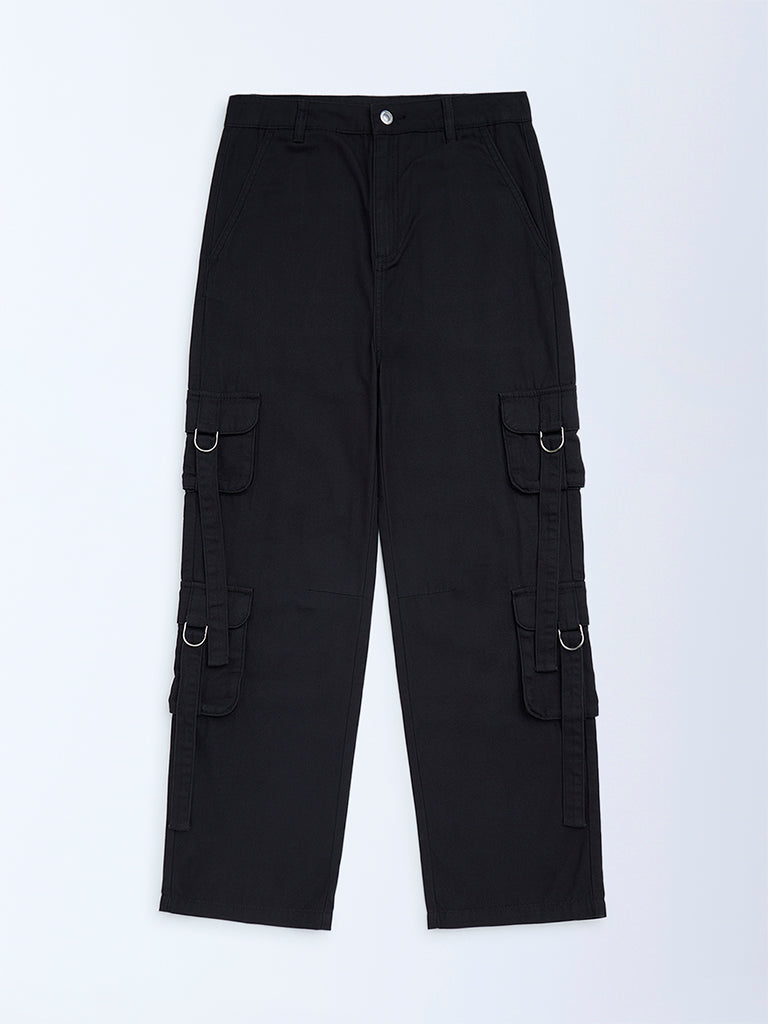 Girls Black Solid Mid-Rise Cotton Trousers