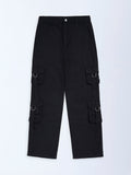 Girls Black Solid Mid-Rise Cotton Trousers