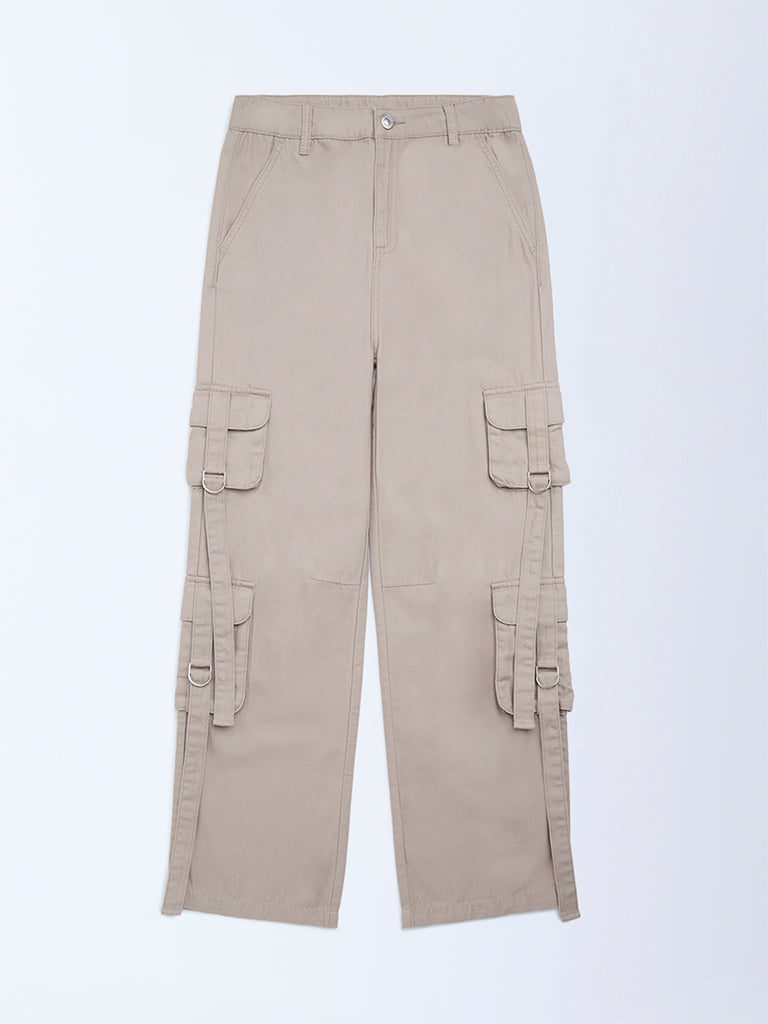 Girls Beige Cargo-Style High-Rise Cotton Trousers