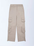 Girls Beige Cargo-Style High-Rise Cotton Trousers
