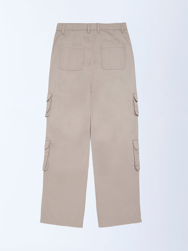 Girls Beige Cargo-Style High-Rise Cotton Trousers