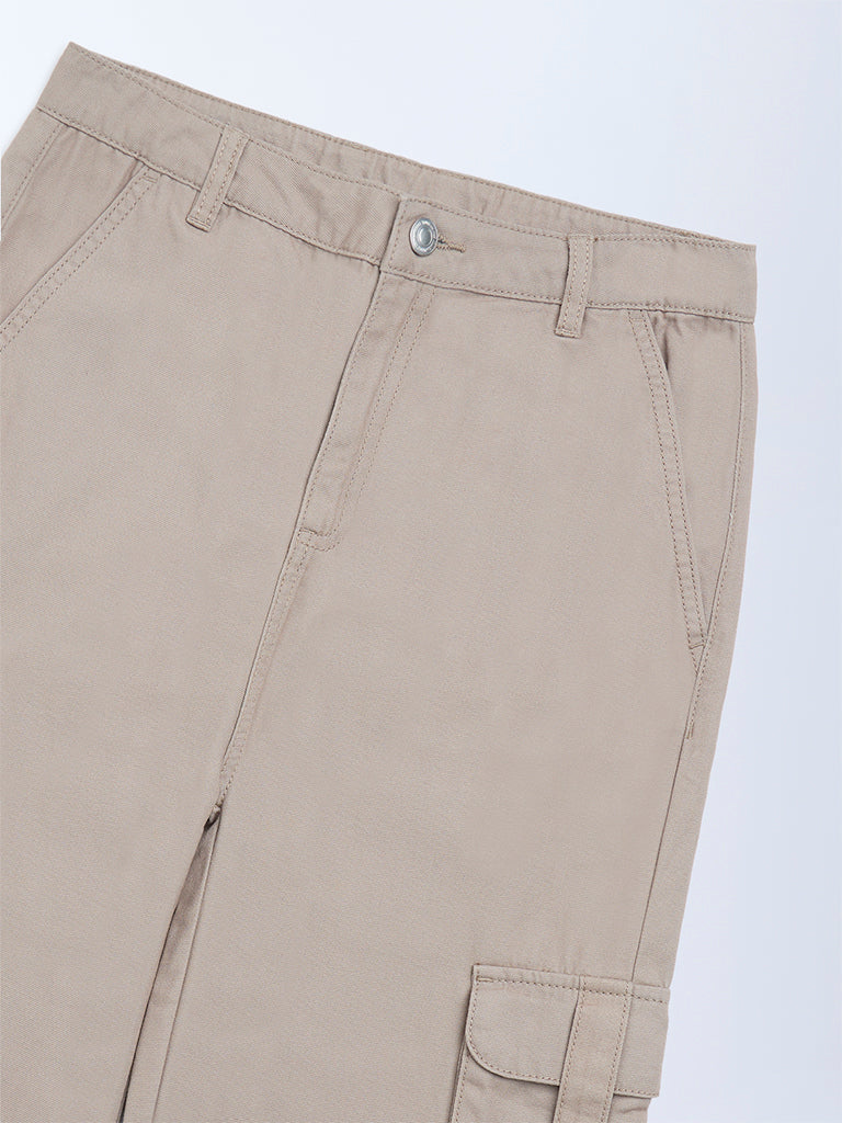 Girls Beige Cargo-Style High-Rise Cotton Trousers