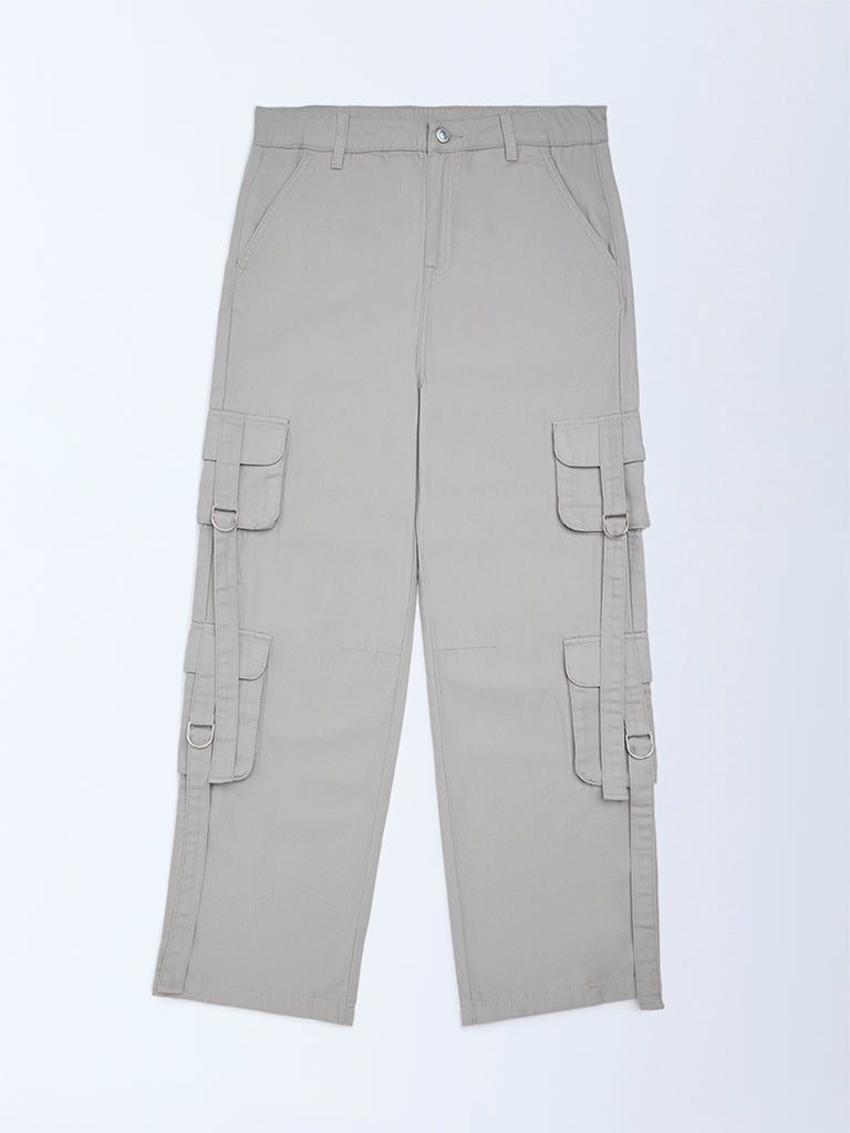 Girls Grey Cargo-Style Mid-Rise Cotton Trousers