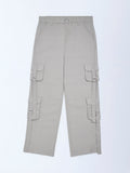 Girls Grey Cargo-Style Mid-Rise Cotton Trousers