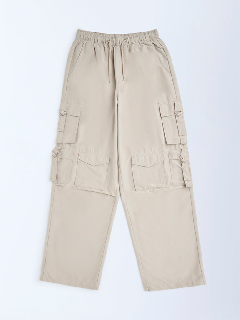 Girls Beige Cargo-Style Mid-Rise Joggers