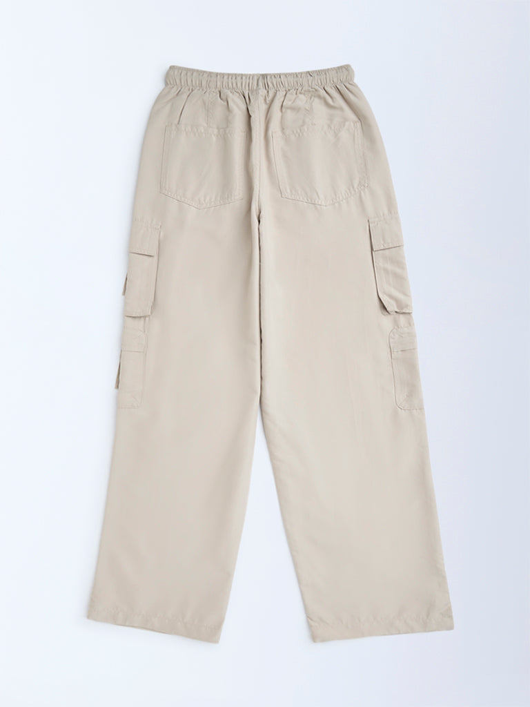 Girls Beige Cargo-Style Mid-Rise Joggers