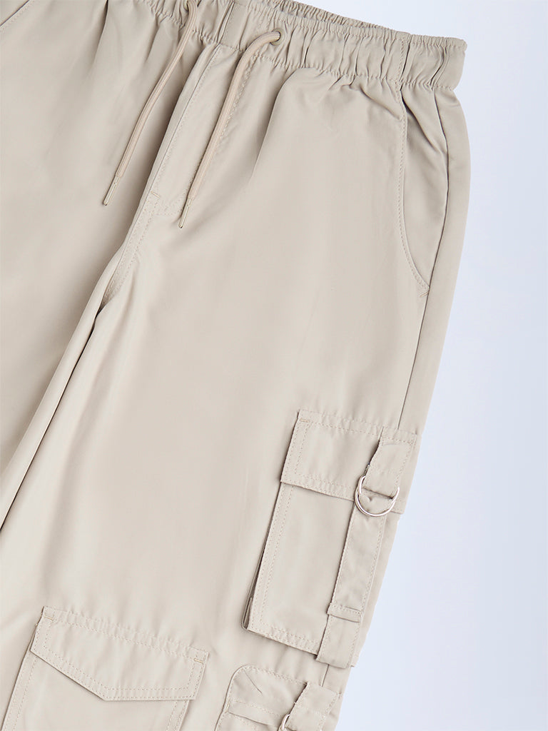 Girls Beige Cargo-Style Mid-Rise Joggers