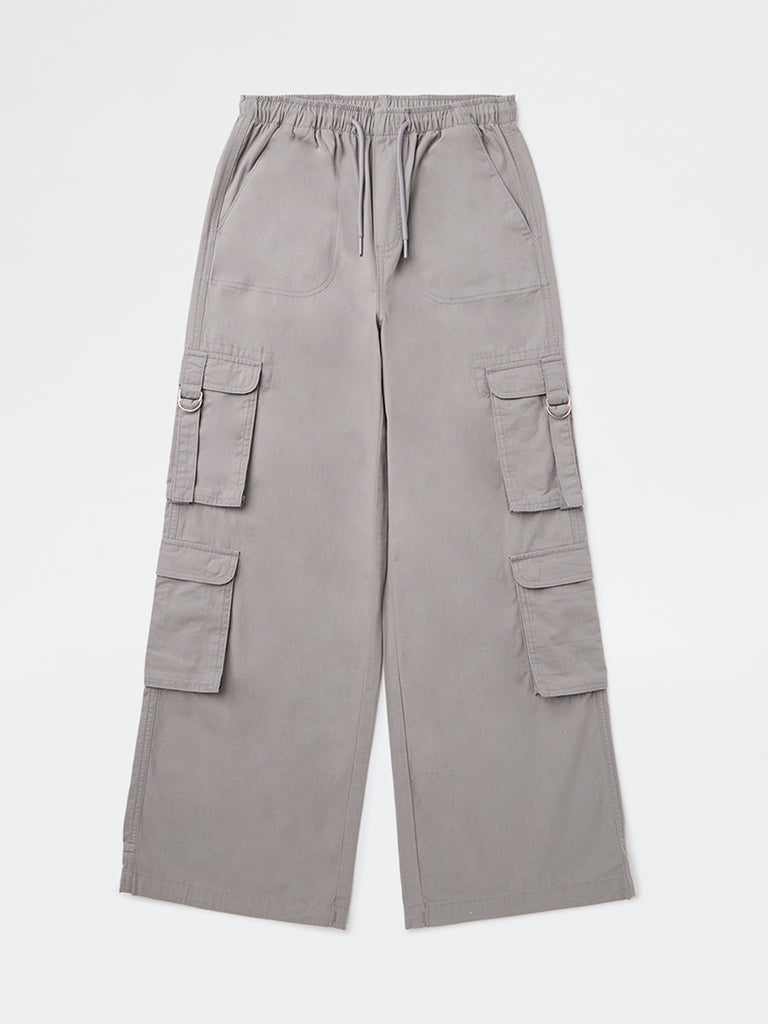 Girls Grey Cargo-Style Mid-Rise Cotton Pants
