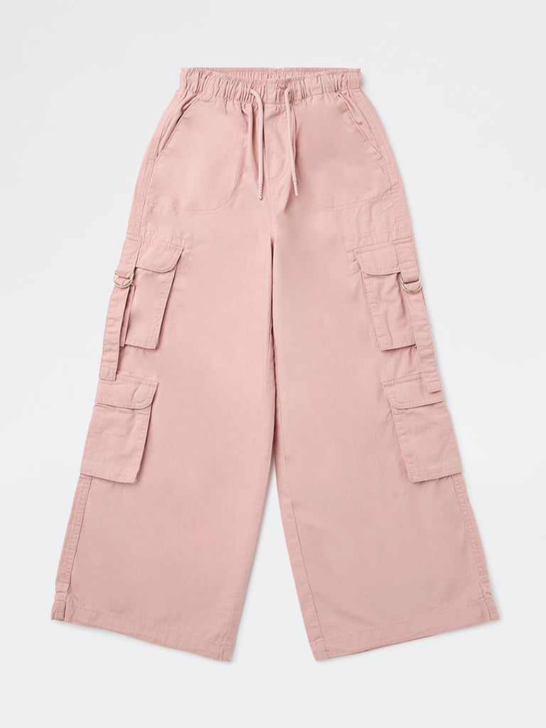 Girls Pink Cargo-Style Mid-Rise Cotton Pants
