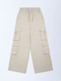 Girls Beige Cargo-Style High-Rise Cotton Pants