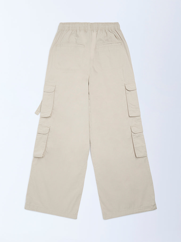 Girls Beige Cargo-Style High-Rise Cotton Pants
