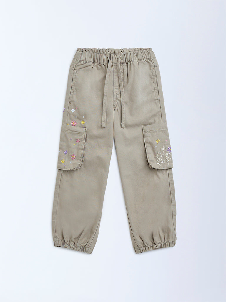 HOP Kids Girls Beige Floral Embroidered Mid-Rise Cotton Joggers