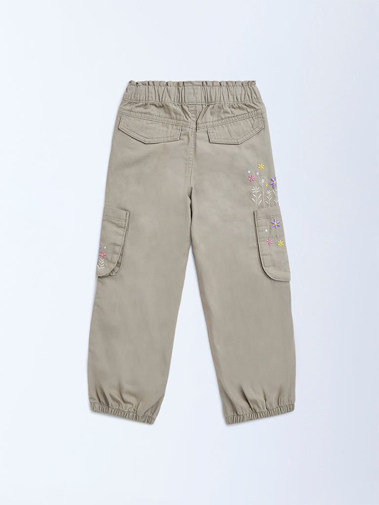 HOP Kids Girls Beige Floral Embroidered Mid-Rise Cotton Joggers