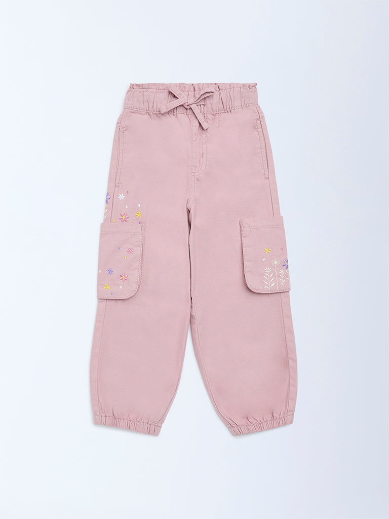 HOP Kids Girls Dusty Pink Floral Embroidered High-Rise Joggers