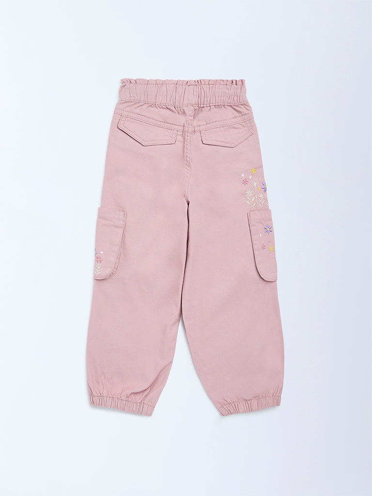 HOP Kids Girls Dusty Pink Floral Embroidered High-Rise Joggers