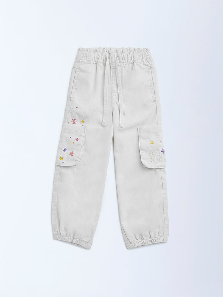 HOP Kids Girls Off-White Embroidered Mid-Rise Cotton Joggers