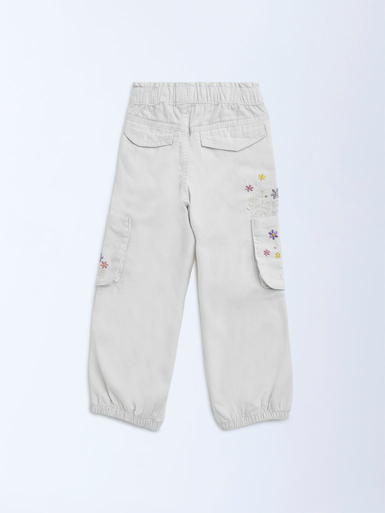 HOP Kids Girls Off-White Embroidered Mid-Rise Cotton Joggers