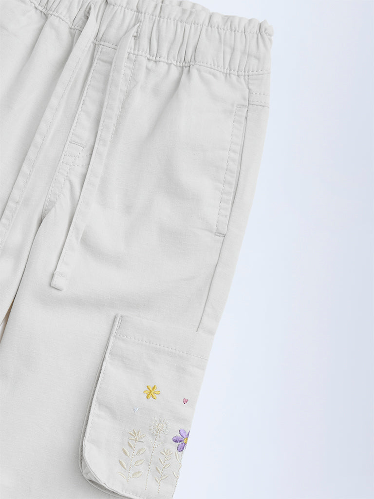 HOP Kids Girls Off-White Embroidered Mid-Rise Cotton Joggers