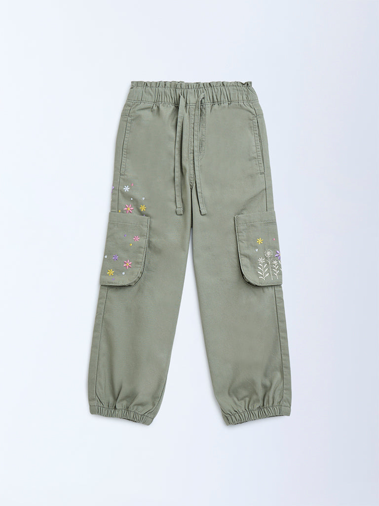 HOP Kids Girls Sage Floral Embroidered Mid-Rise Cotton Joggers