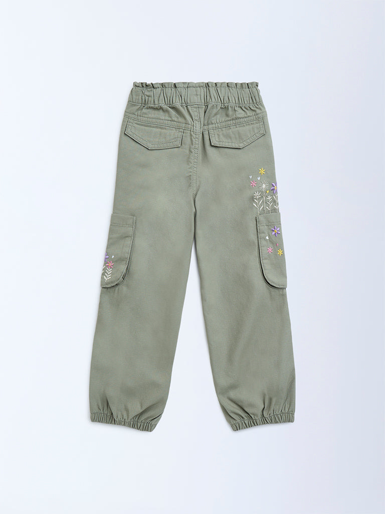 HOP Kids Girls Sage Floral Embroidered Mid-Rise Cotton Joggers