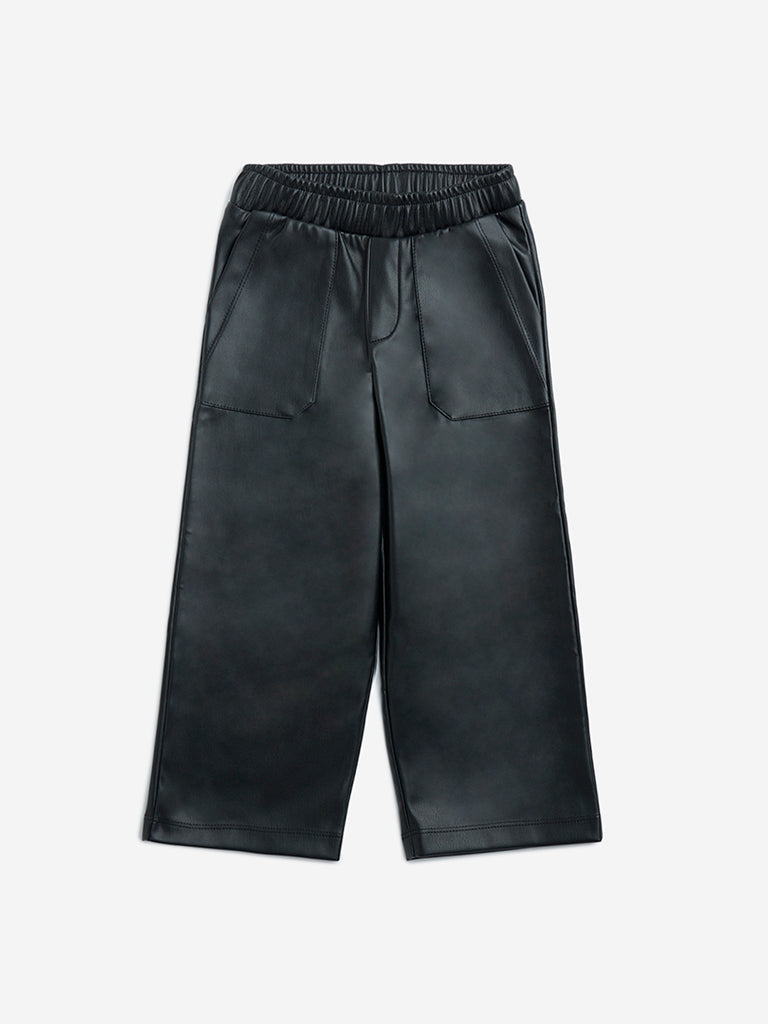 HOP Kids Girls Black Solid High-Rise Faux-Leather Pants