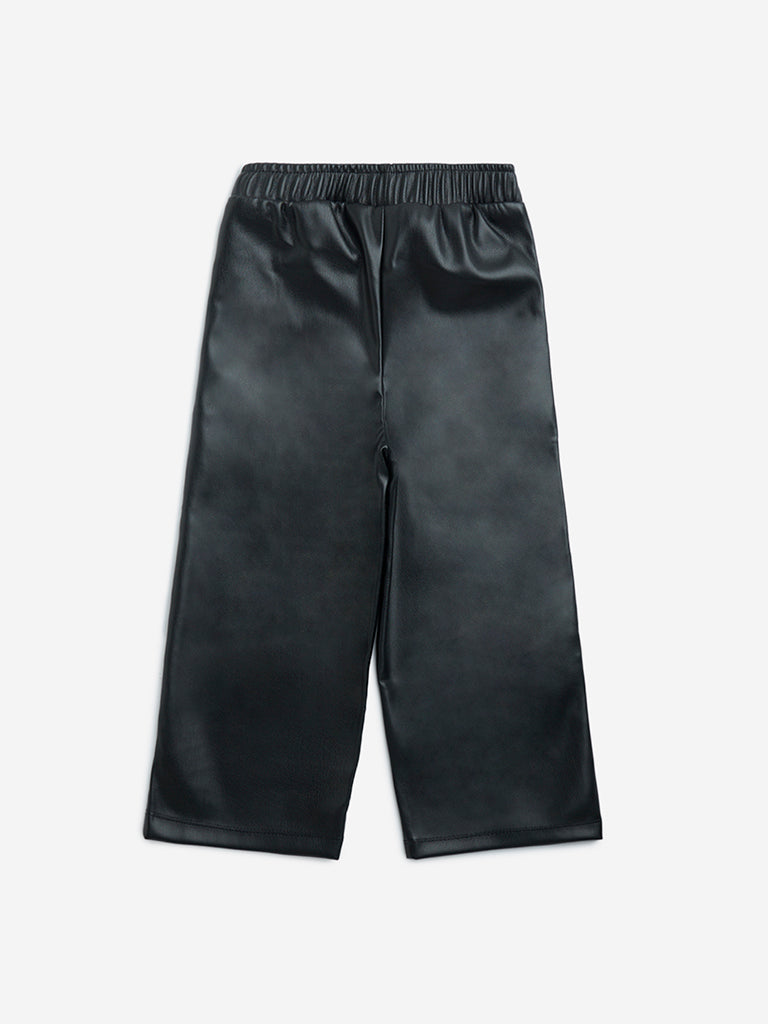 HOP Kids Girls Black Solid High-Rise Faux-Leather Pants