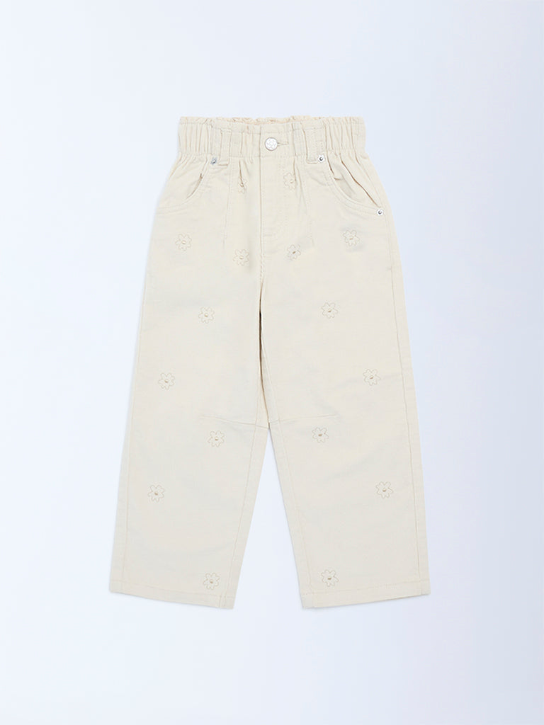 HOP Kids Girls Beige Floral Printed High-Rise Corduroy Trousers