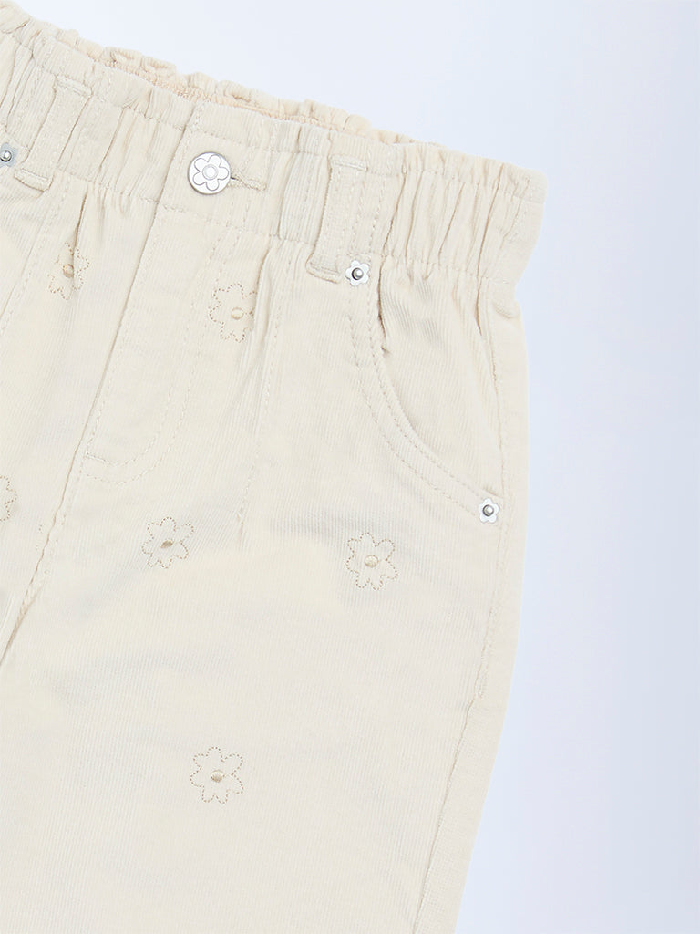 HOP Kids Girls Beige Floral Printed High-Rise Corduroy Trousers