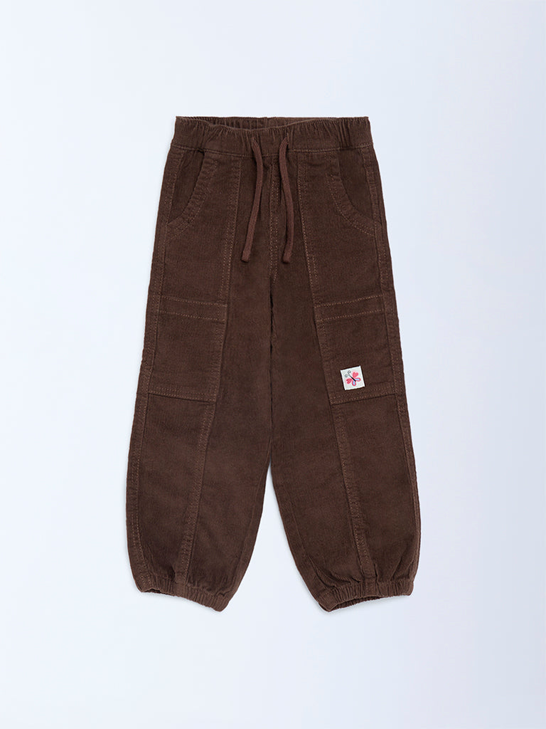 HOP Kids Girls Dark Brown Mid-Rise Corduroy Joggers