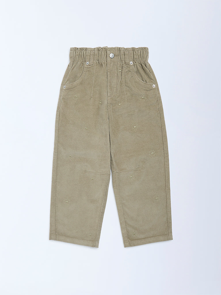 HOP Kids Girls Light Olive Paperbag-Waist Corduroy Trousers