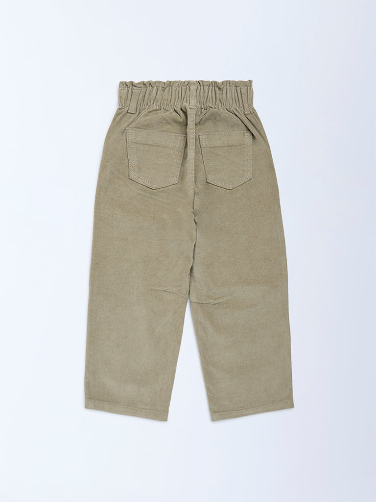 HOP Kids Girls Light Olive Paperbag-Waist Corduroy Trousers