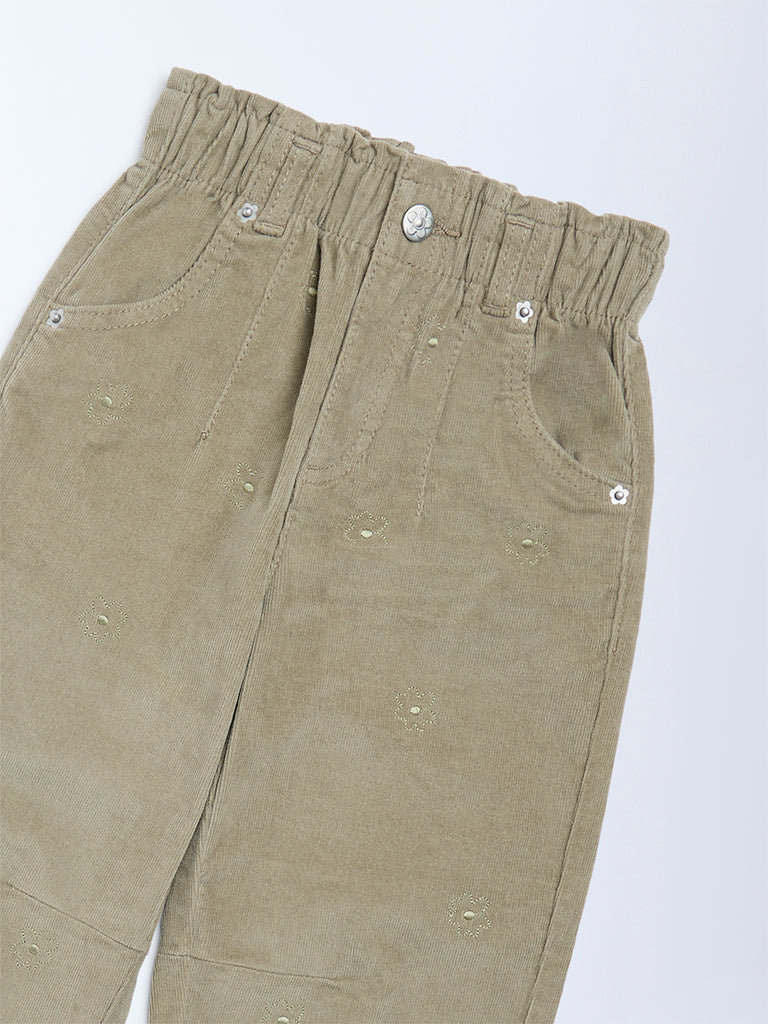 HOP Kids Girls Light Olive Paperbag-Waist Corduroy Trousers