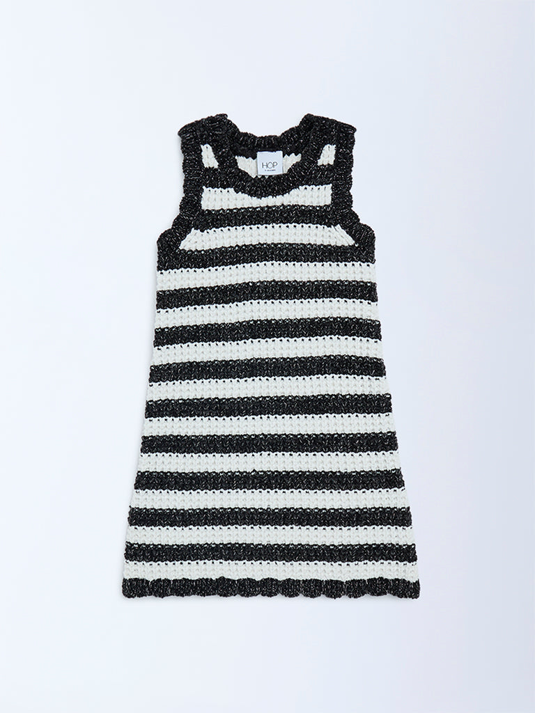 HOP Kids Girls Black Striped Knit-Textured A-Line Dress