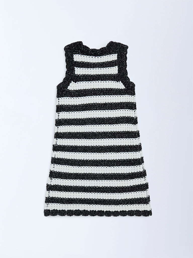 HOP Kids Girls Black Striped Knit-Textured A-Line Dress