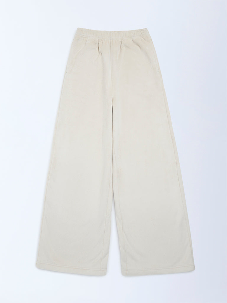 Girls Beige Cargo-Style High-Rise Cotton Trousers