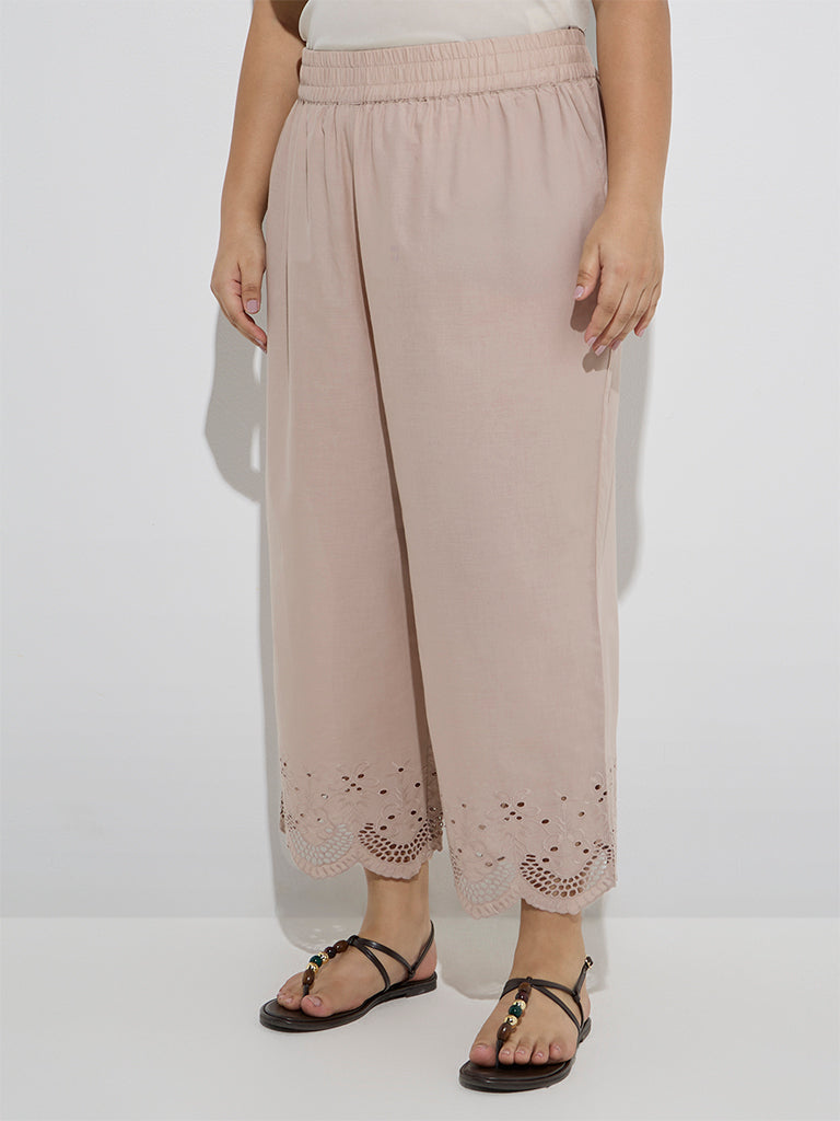 Diza Beige Schiffli Detailed Cotton Ethnic Pants