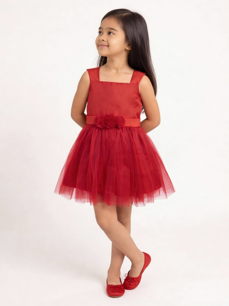HOP Kids Girls Red Floral-Detailed Party Dress