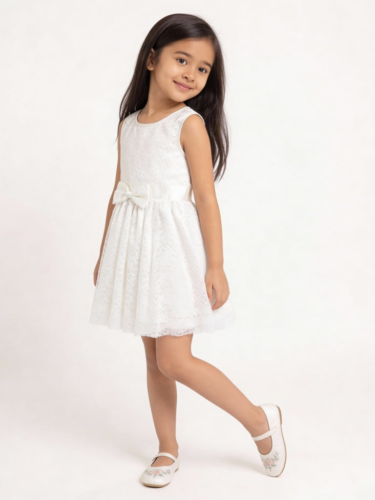 HOP Kids Girls White Floral Lace Design Party Dress