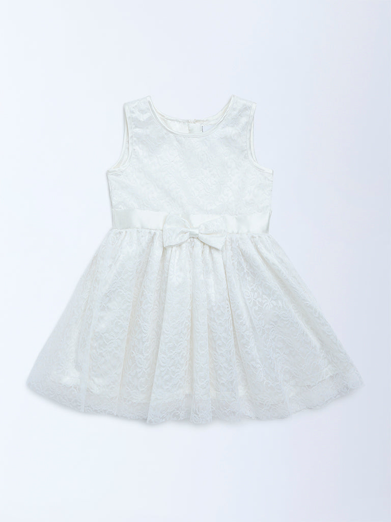 HOP Kids Girls White Floral Lace Design Party Dress