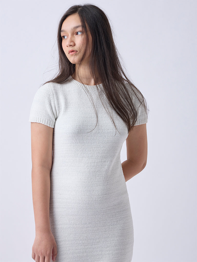 Girls White Knitted Bodycon Dress