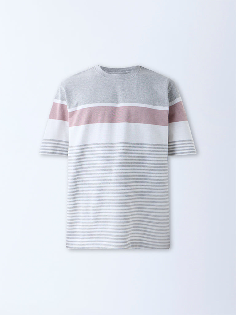 WES Lounge Grey Self-Striped Relaxed-Fit Cotton-Blend T-Shirt
