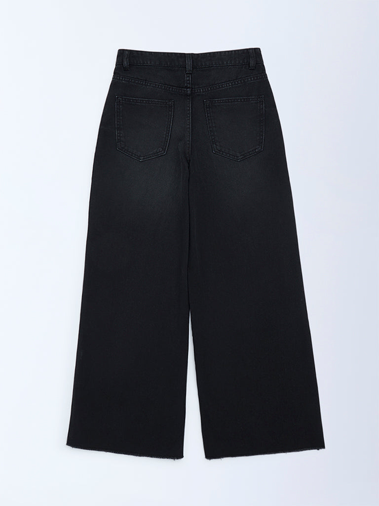 Girls Black Wide-Leg High-Rise Jeans